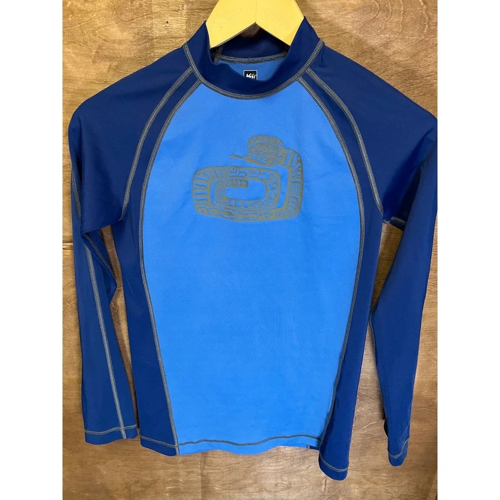 REI Kids Large‎ Blue Long Sleeve Rash Guard Swim Shirt Snake Graphic Mock Neck
